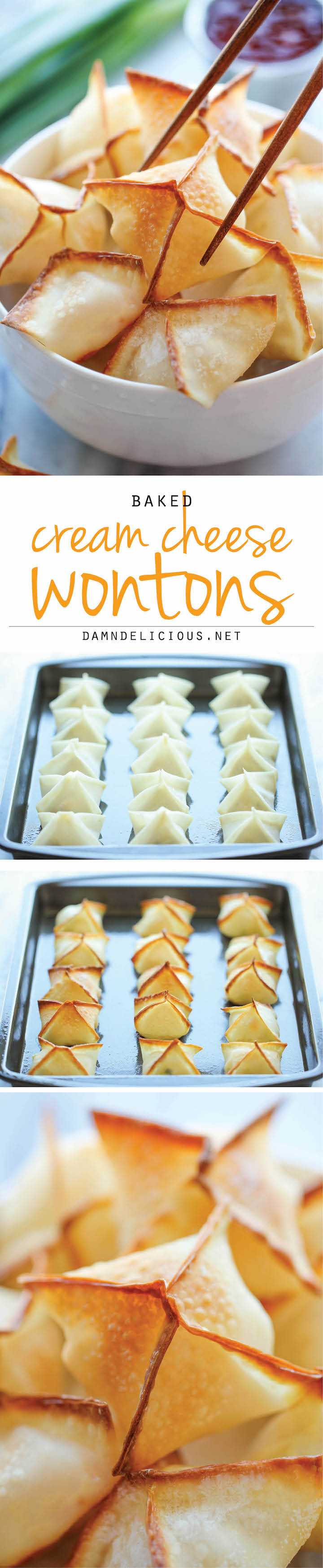 Baked Cream Cheese Wontons - No one would ever believe that these crisp, creamy wontons are actually baked, not fried! And they're so easy to make!