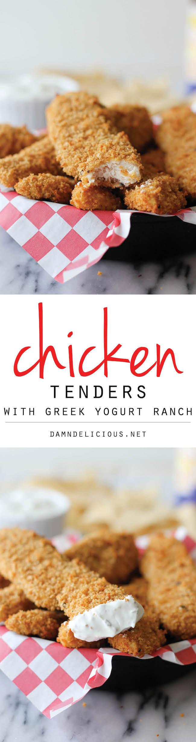 Chicken Tenders with Greek Yogurt Ranch - These healthy baked chicken tenders can be enjoyed by both kids and grown-ups!