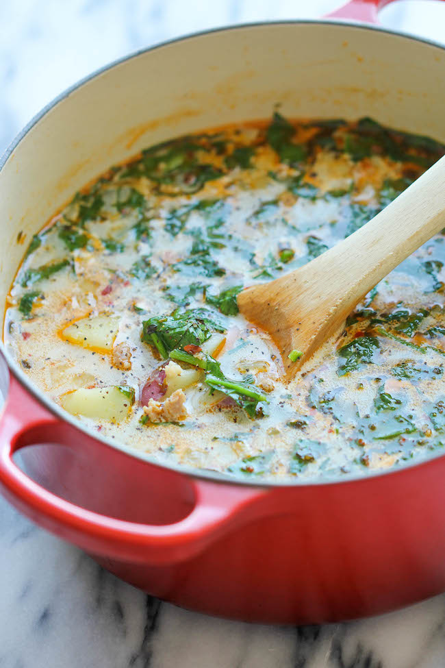 Sausage, Potato and Spinach Soup - A hearty, comforting soup that's so easy and simple to make, loaded with tons of fiber and flavor! 329.5 calories.