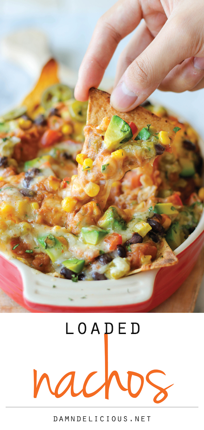 Loaded Nachos - Loaded with both refried and black beans, you definitely won't be missing the meat in these cheesy, vegetarian nachos!