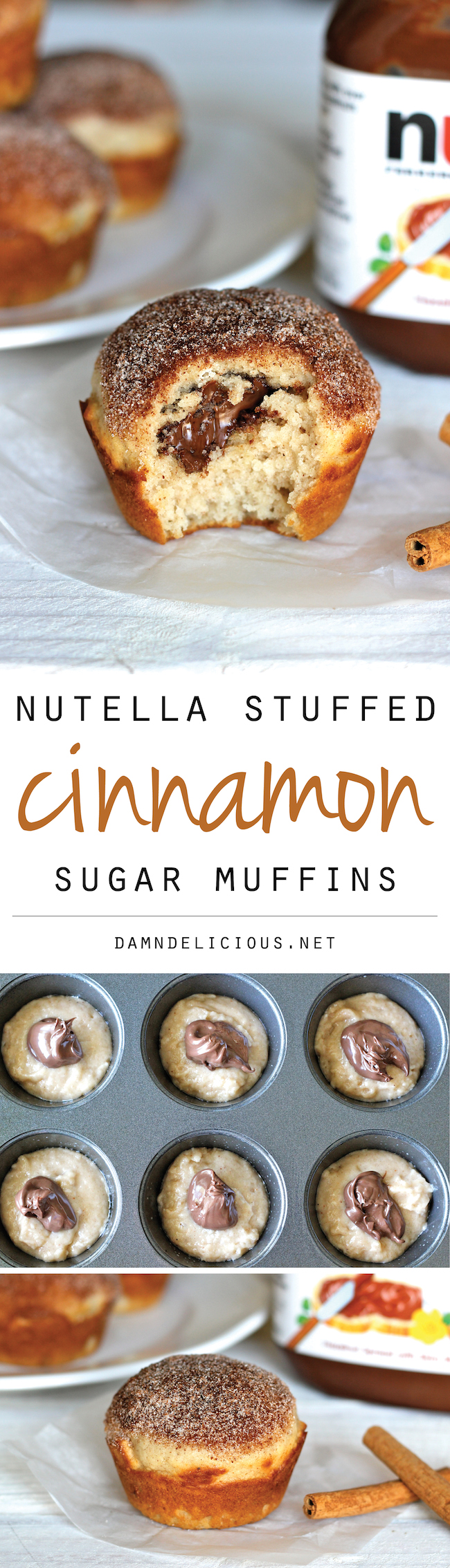 Nutella Stuffed Cinnamon Sugar Muffins - Cinnamon sugar crusted muffin tops with a hidden Nutella filling that everyone will love!
