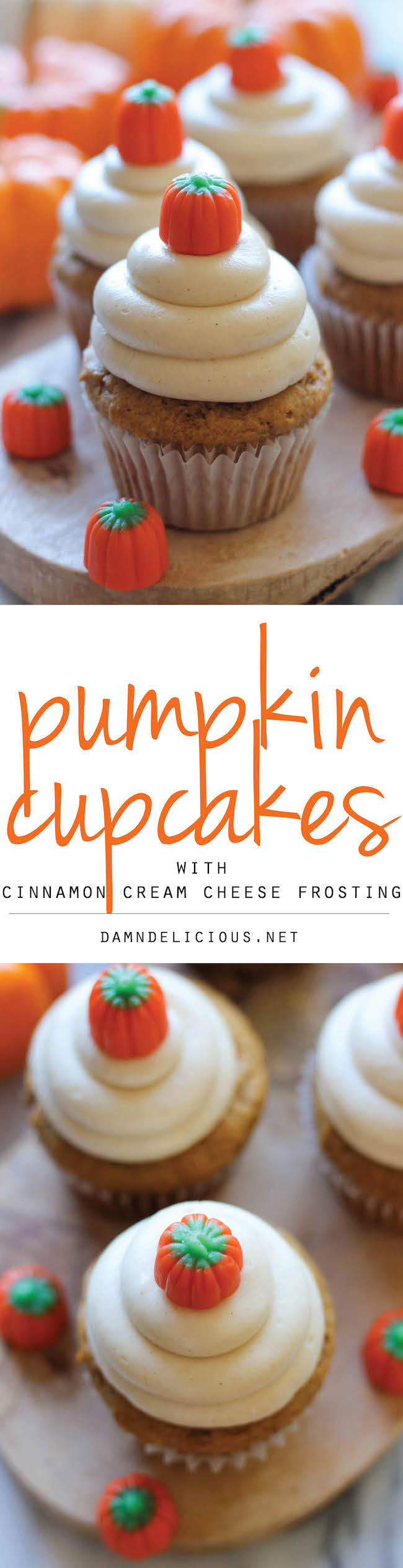 Pumpkin Cupcakes with Cinnamon Cream Cheese Frosting - These cupcakes are light and moist, topped with a fluffy cream cheese frosting!