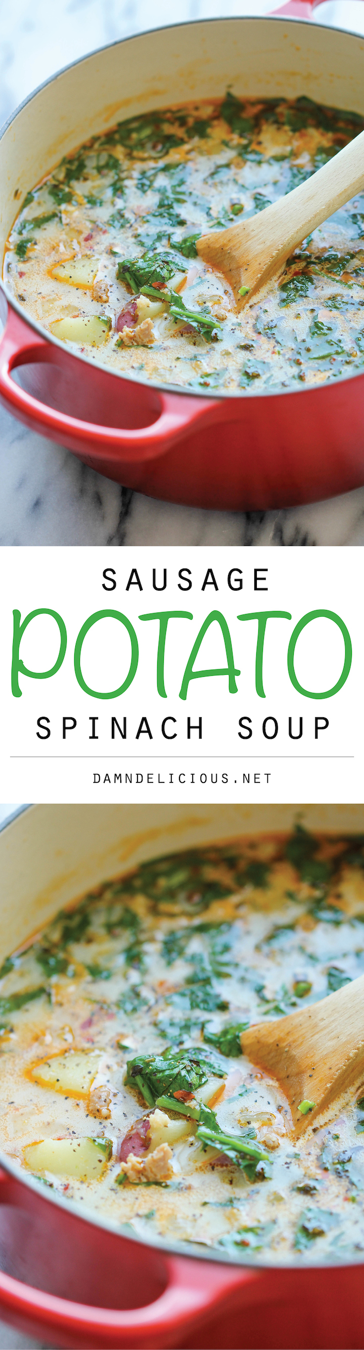 Sausage, Potato and Spinach Soup - A hearty, comforting soup that's so easy and simple to make, loaded with tons of fiber and flavor! 329.5 calories.