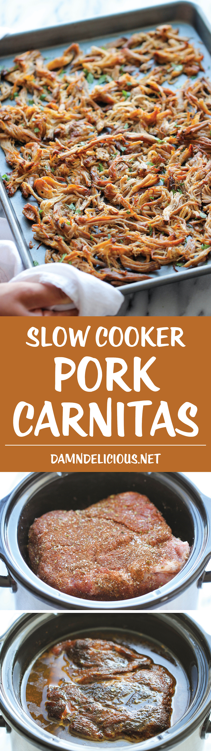 Slow Cooker Pork Carnitas - The easiest carnitas you will ever make in the crockpot, cooked low and slow for the most amazing fall-apart tender goodness!