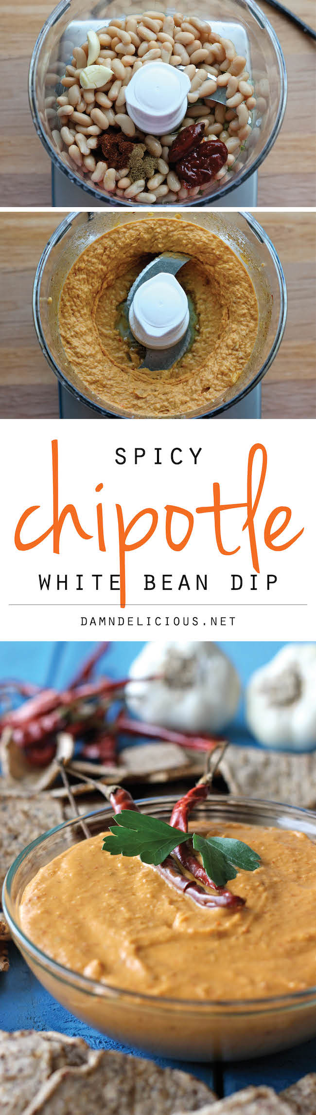 Spicy Chipotle White Bean Dip - A healthy bean dip with a spicy kick that you could easily make in the food processor in 5 minutes!