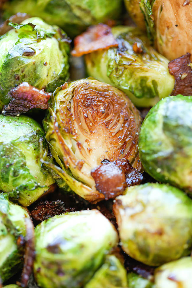 Roasted Garlic Brussels Sprouts - The best garlic brussels sprouts ever, made with garlic and crisp bacon goodness!