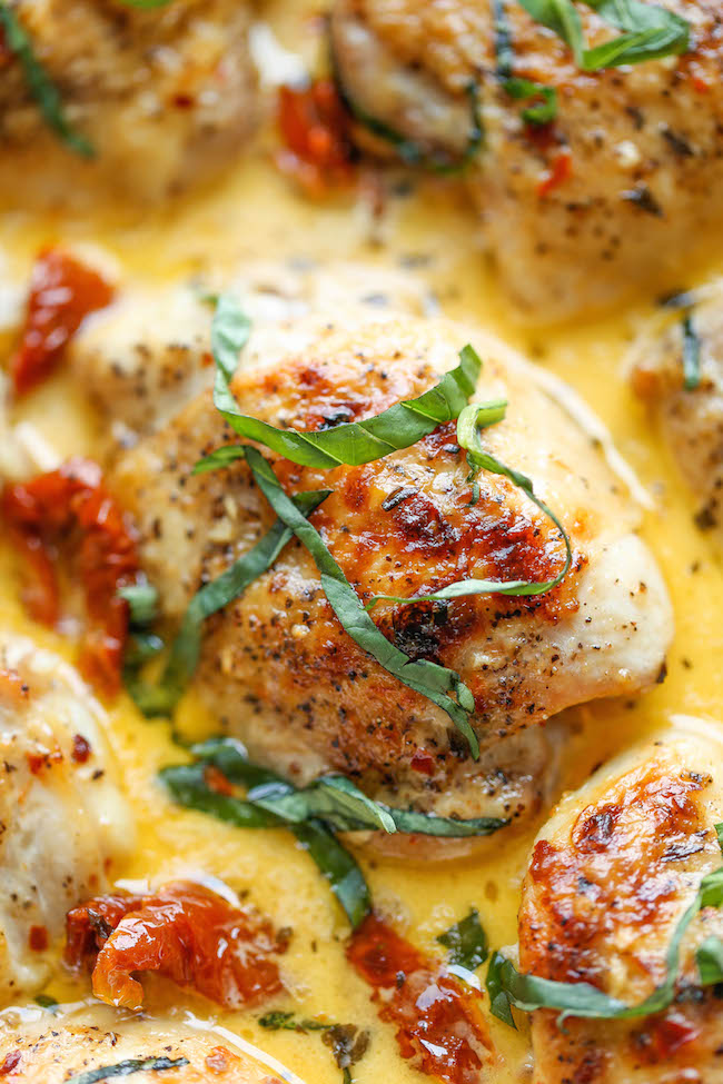 Chicken with Sun-Dried Tomato Cream Sauce - Crisp-tender chicken in the most amazing cream sauce ever. It's so good, you'll want to guzzle down the sauce!