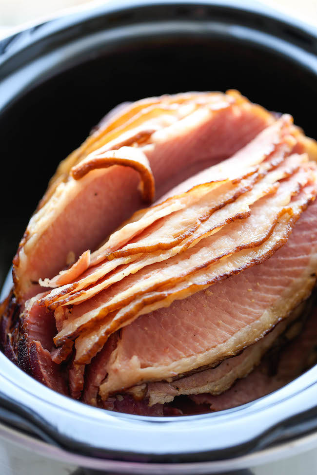 Slow Cooker Maple Brown Sugar Ham - The easiest, most tender, juicy ham made right in the crockpot with just 5 min prep. And you save on oven space too!