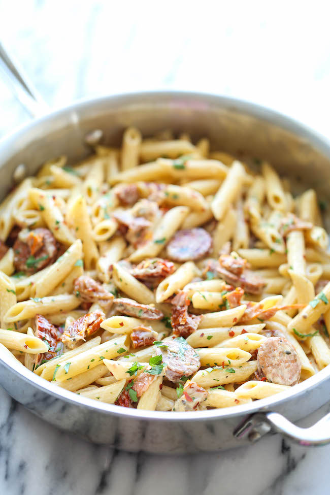 Pasta with Sun-Dried Tomato Cream Sauce - A super easy pasta dish with the most amazing, creamiest sun-dried tomato sauce ever, made in less than 30 min!