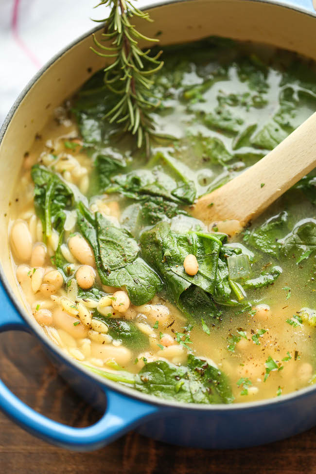 Spinach and White Bean Soup - A healthy and hearty, comforting soup - chock full of fresh spinach, white beans and orzo pasta - made in less than 30 min!