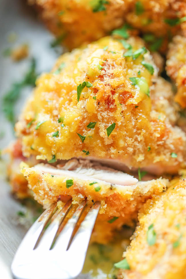 Oven Fried Chicken with Honey Mustard Glaze - No one would ever guess that this was baked, not fried. And the honey mustard glaze is to die for!