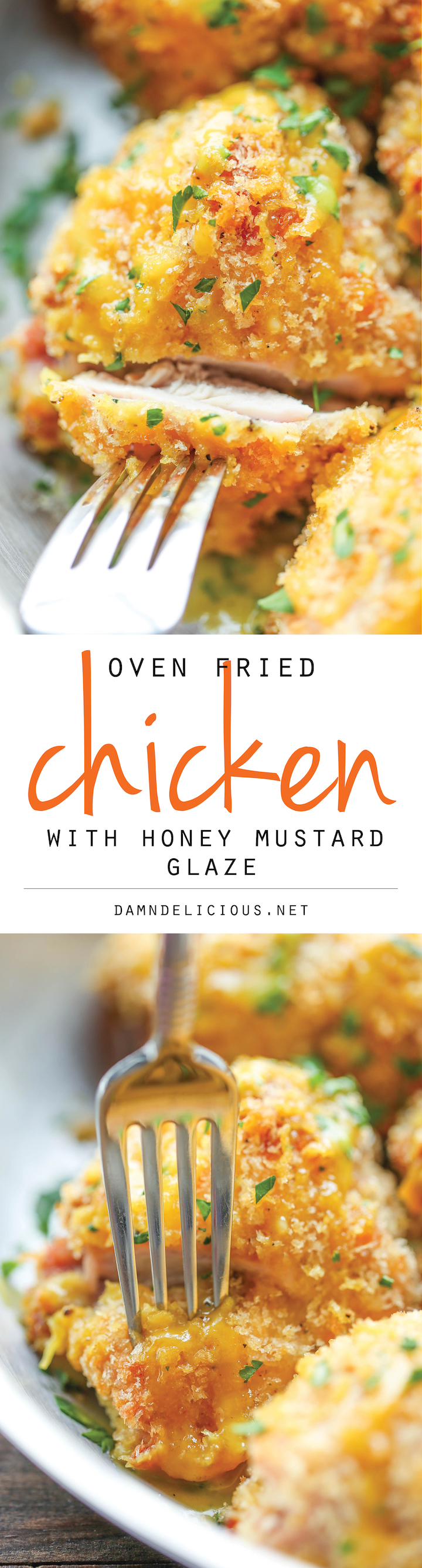 Oven Fried Chicken with Honey Mustard Glaze - No one would ever guess that this was baked, not fried. And the honey mustard glaze is to die for!