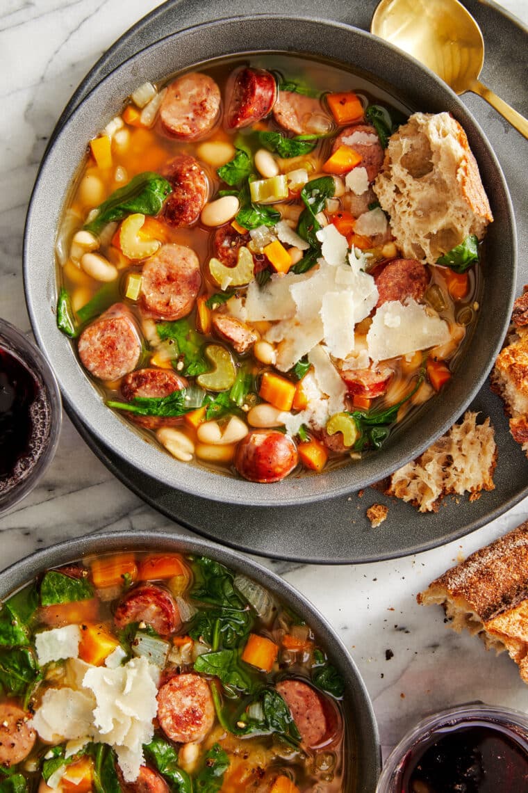 Slow Cooker Sausage, Spinach and White Bean Soup - So hearty, so comforting, and so easy to make right in the crockpot with just 10 min prep!