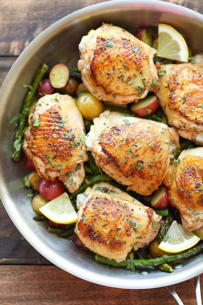 Lemon Chicken with Asparagus and Potatoes - Crisp-tender chicken baked to absolute perfection. It's truly an entire meal in a single skillet!