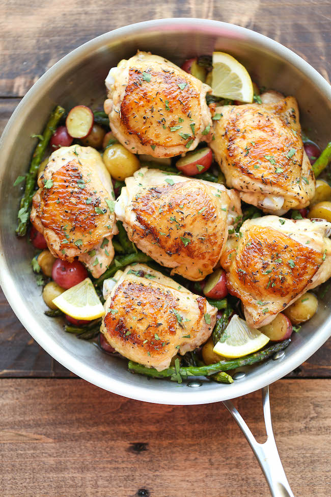 Lemon Chicken with Asparagus and Potatoes - Crisp-tender chicken baked to absolute perfection. It's truly an entire meal in a single skillet!