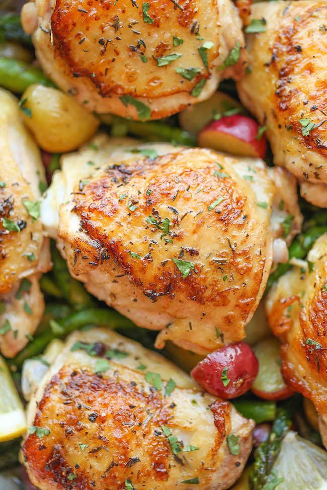Lemon Chicken with Asparagus and Potatoes - Crisp-tender chicken baked to absolute perfection. It's truly an entire meal in a single skillet!
