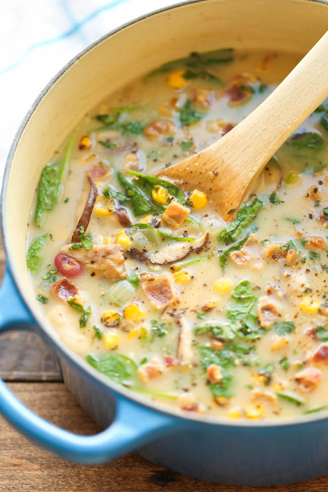 Mushroom, Corn and Bacon Chowder - An amazingly creamy chowder, loaded with tons of veggies. It's hearty, nutritious and so comforting! 245.9 calories.