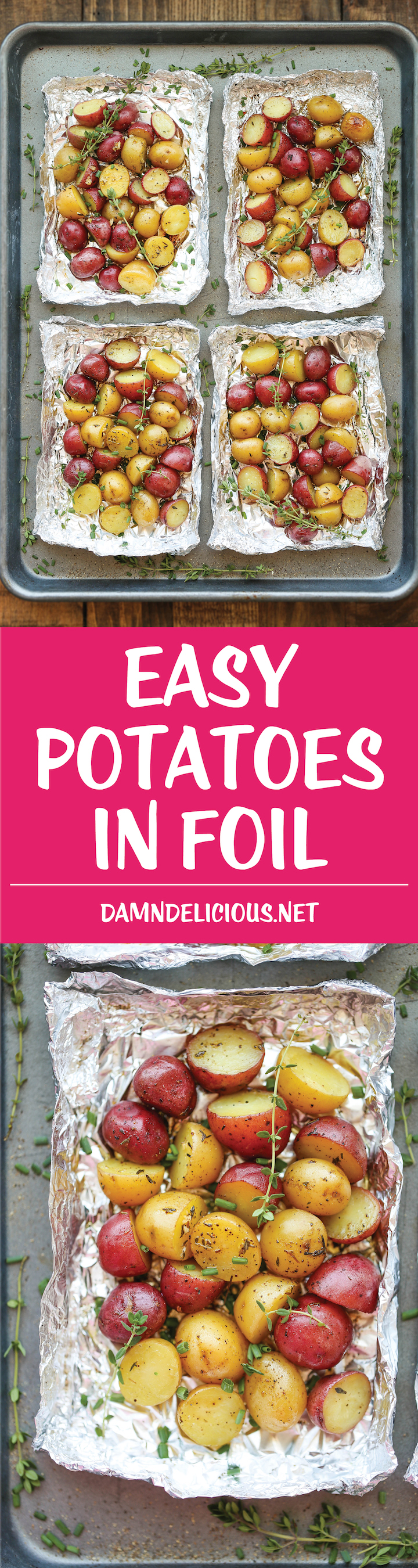 Easy Potatoes in Foil - You won't believe how easy it is to make potatoes right in foil - simply cut, wrap in foil and bake. Easy clean-up and just so good!