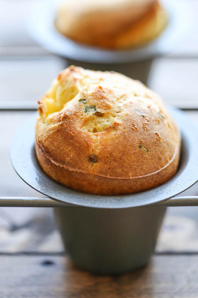 Easy Garlic Parmesan Popovers - Amazingly light, airy and moist popovers made so easily with one bowl. No mixer needed here!