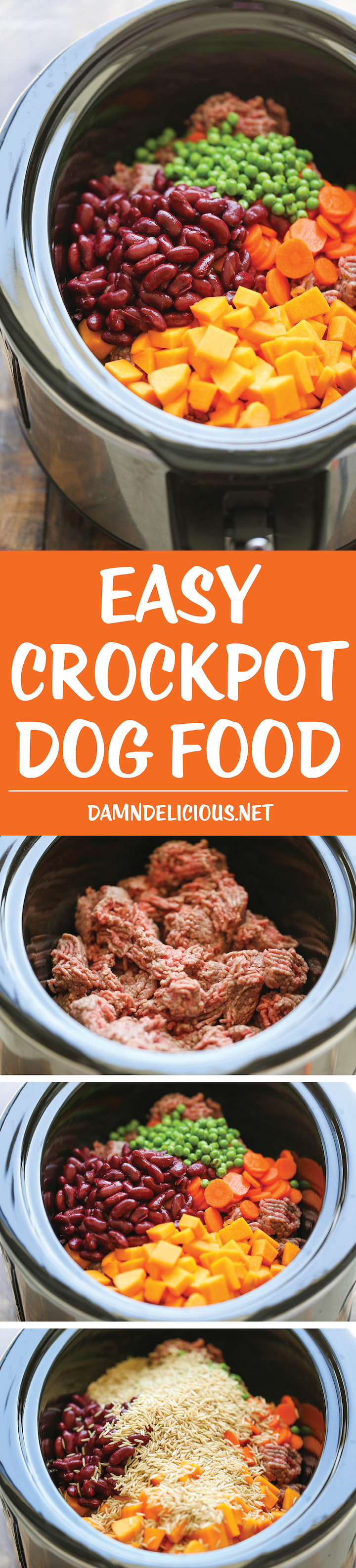 Easy Crockpot Dog Food - DIY dog food can easily be made right in the slow cooker. It's healthier and cheaper than store-bought, and it's freezer-friendly!
