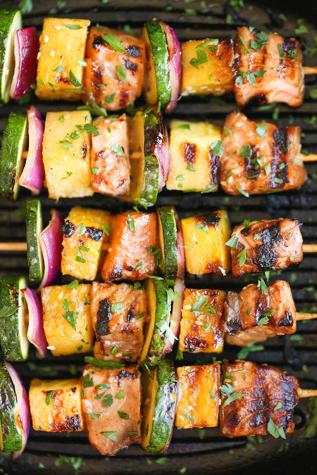 Asian Salmon Kabobs - These salmon kabobs are easy to make, hearty, light and healthy. And they're packed with tons of vibrant flavors! 368.1 calories.