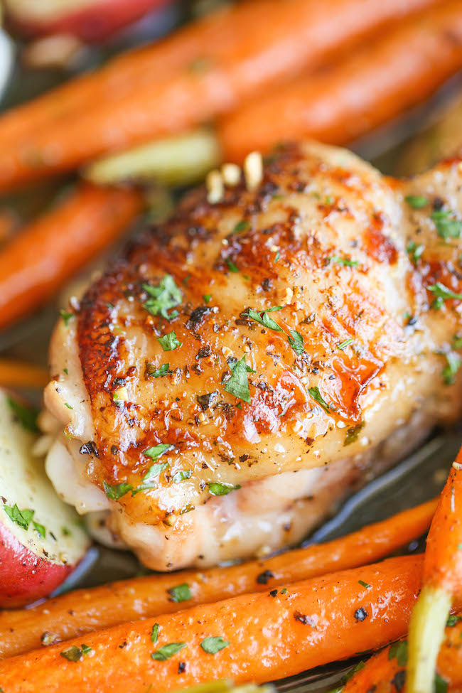 One Pan Garlic Ranch Chicken and Veggies - Crisp-tender chicken baked to absolute perfection with roasted carrots and potatoes - all cooked in a single pan!