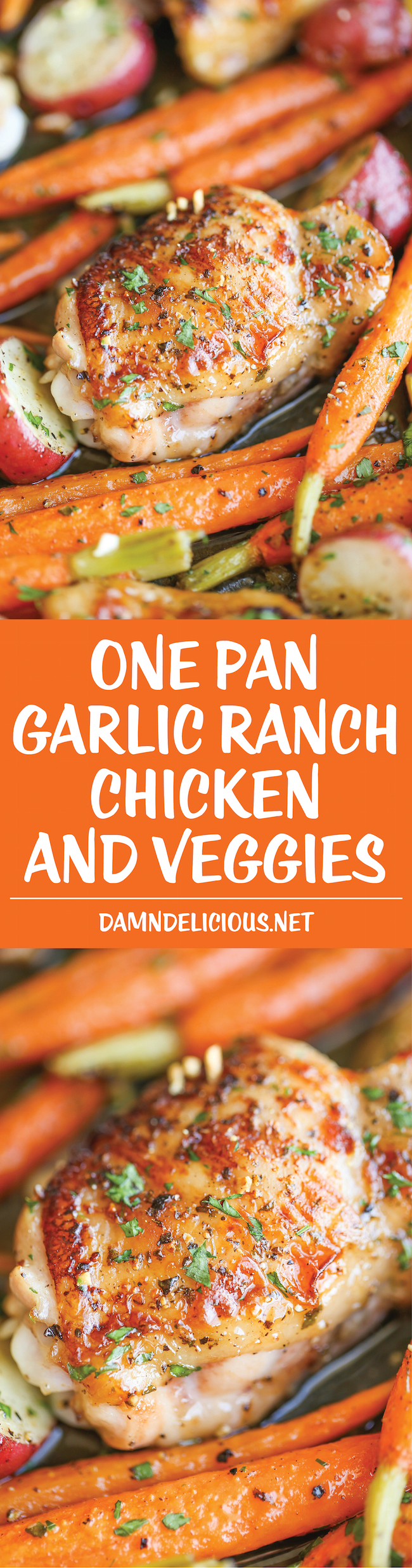 One Pan Garlic Ranch Chicken and Veggies - Crisp-tender chicken baked to absolute perfection with roasted carrots and potatoes - all cooked in a single pan!