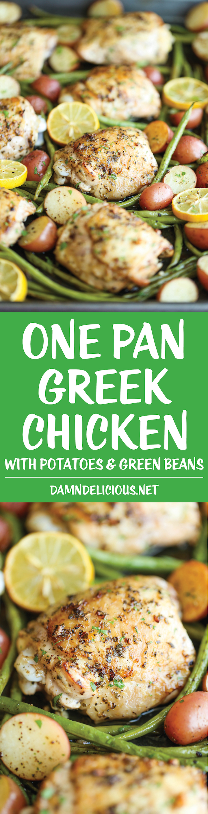 One Pan Greek Chicken - The easiest no-fuss weeknight meal with a simple Greek marinade - all cooked on a single pan with roasted potatoes and green beans!