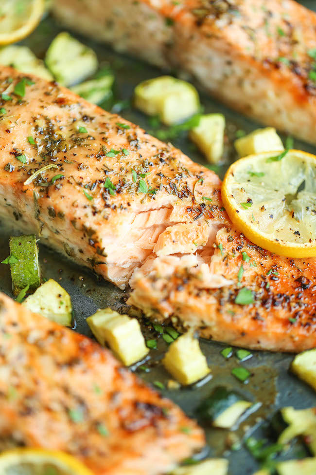 One Pan Lemon Herb Salmon and Zucchini - Damn Delicious