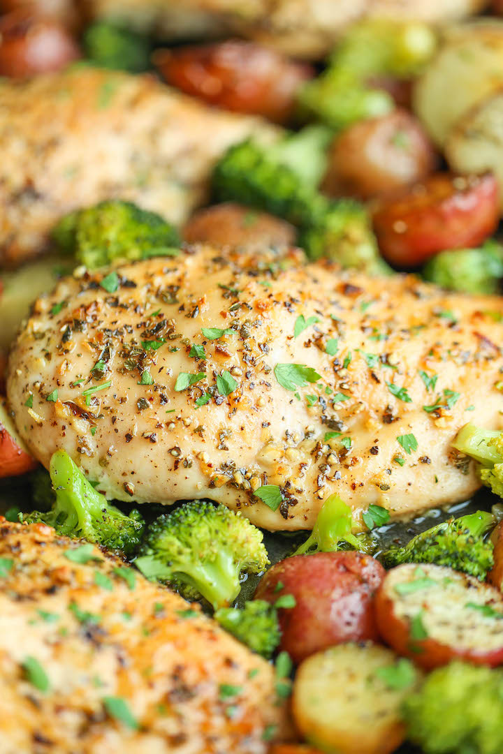 One Pan Honey Garlic Chicken and Veggies - Tender, juicy chicken breasts baked to perfection with potatoes and broccoli. All cooked on a single pan! EASY!