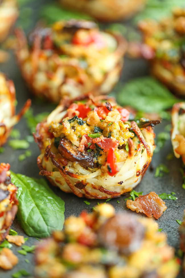 Breakfast Hash Brown Cups - Tender-crisp hash browns topped with eggs, bacon, spinach and mushrooms. Easy to make and so perfect to serve large crowds!