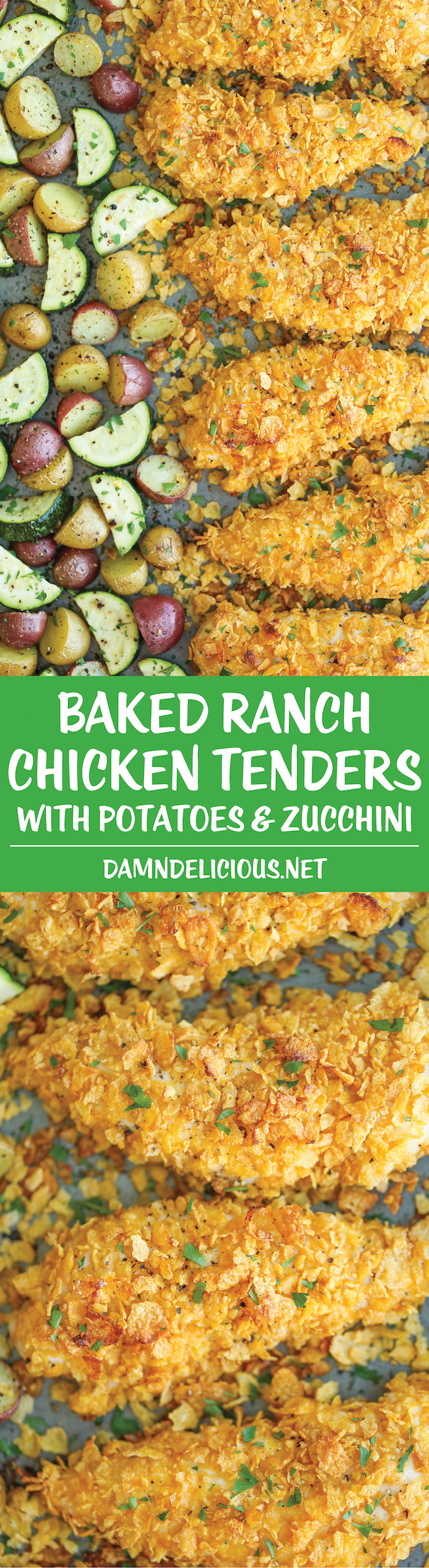 Baked Ranch Chicken Tenders and Veggies - No one will ever believe that these crisp chicken fingers are completely baked and cooked on ONE PAN with veggies!