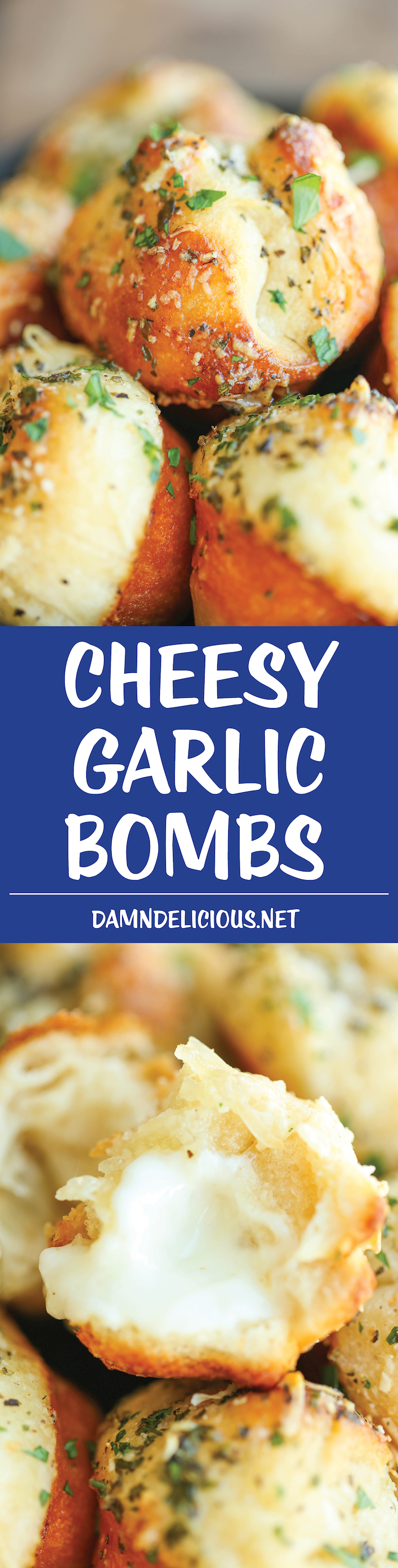 Cheesy Garlic Bombs - Mini garlic bread bites slathered in buttery goodness and stuffed with melted mozzarella cheesiness. So good and irresistible!