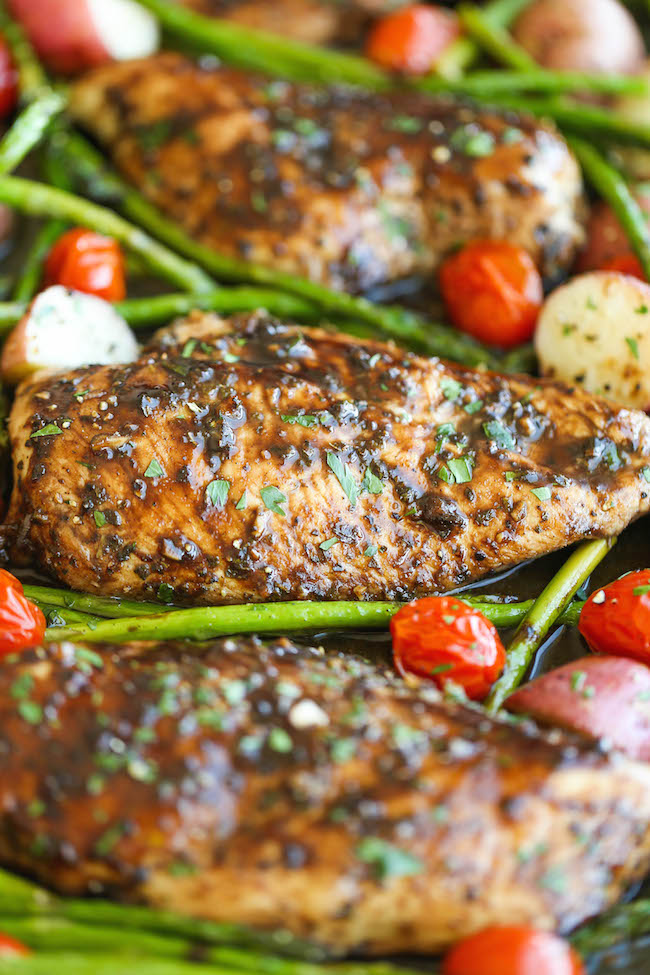 Honey Balsamic Chicken Breasts and Veggies - All cooked on one single pan. Easy peasy with zero clean up, and packed with so much flavor. Done and done.