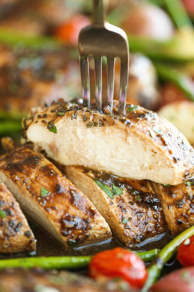 Honey Balsamic Chicken Breasts and Veggies - All cooked on one single pan. Easy peasy with zero clean up, and packed with so much flavor. Done and done.