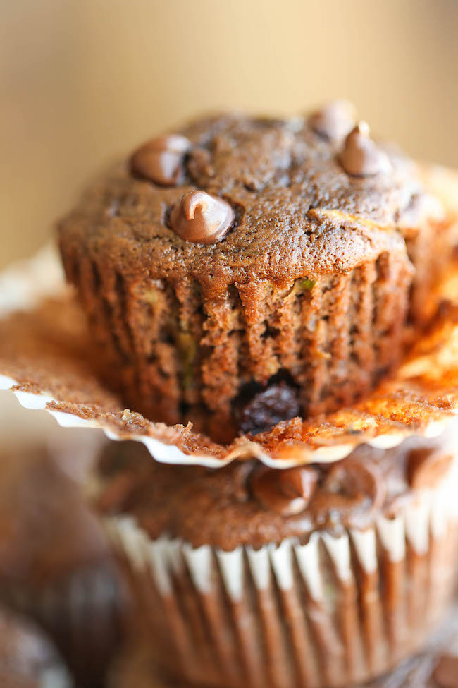 Double Chocolate Chip Zucchini Muffins - Quick, easy, AND healthy, loaded up with a double-dose of chocolate heaven. Perfect way to use up your zucchini!