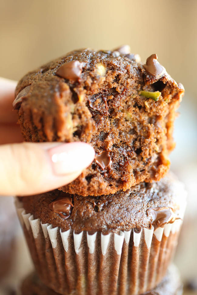 Double Chocolate Chip Zucchini Muffins - Quick, easy, AND healthy, loaded up with a double-dose of chocolate heaven. Perfect way to use up your zucchini!