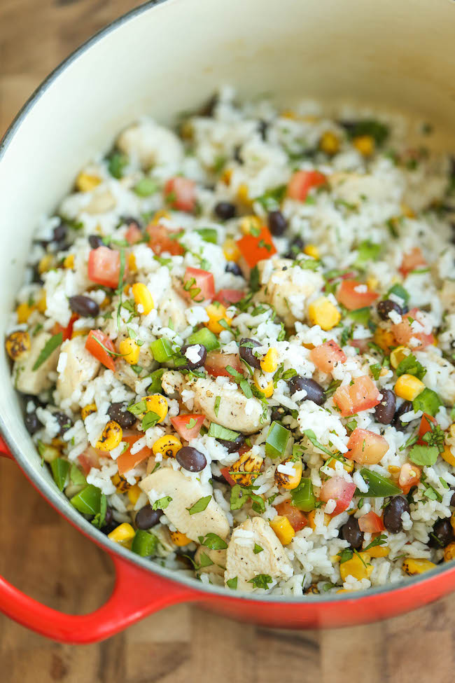 One Pot Beans, Chicken and Rice - This is pretty much a burrito bowl made in a single pot. Even the rice gets cooked right in! So easy for those weeknights!