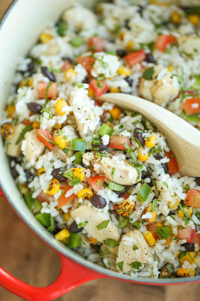 One Pot Beans, Chicken and Rice - This is pretty much a burrito bowl made in a single pot. Even the rice gets cooked right in! So easy for those weeknights!