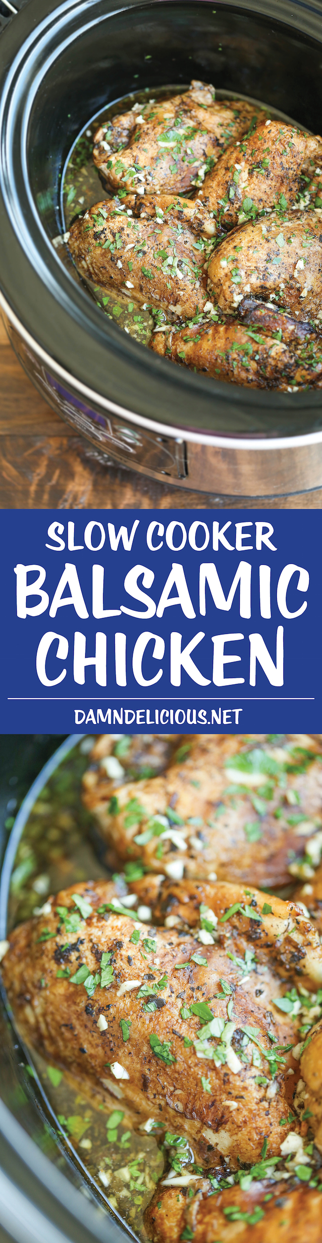 Slow Cooker Balsamic Chicken - Let the crockpot do all of the work in the easiest dish of all time. Simply throw everything in with 5 min prep. That's it!