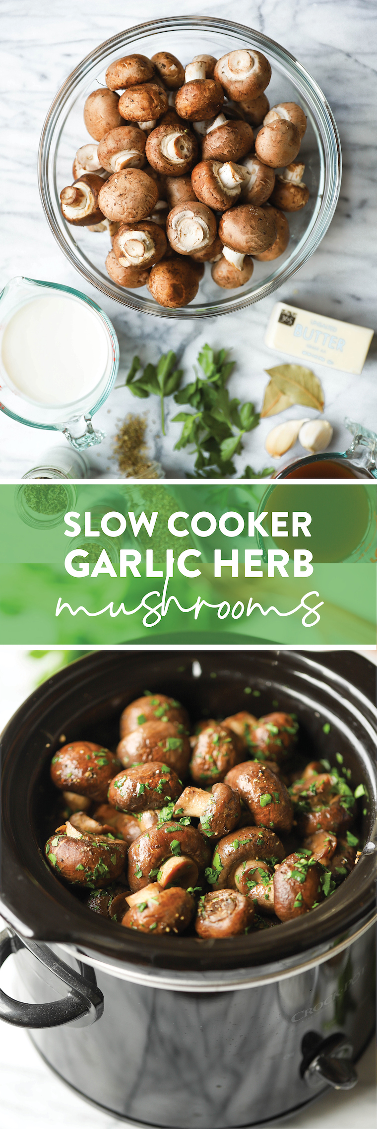 Slow Cooker Garlic Herb Mushrooms - The best and EASIEST way to make mushrooms. In a crockpot with garlic, herbs and butter! Just 5 min prep.