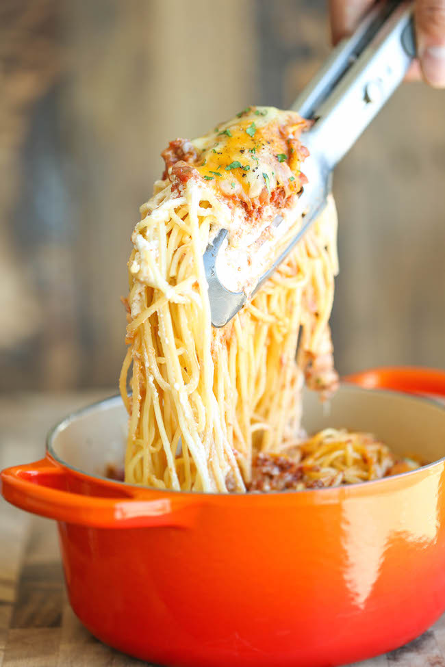 Baked Cream Cheese Spaghetti - A baked spaghetti casserole that's amazingly cheesy and creamy. It's comfort food at its best, and EASIEST!