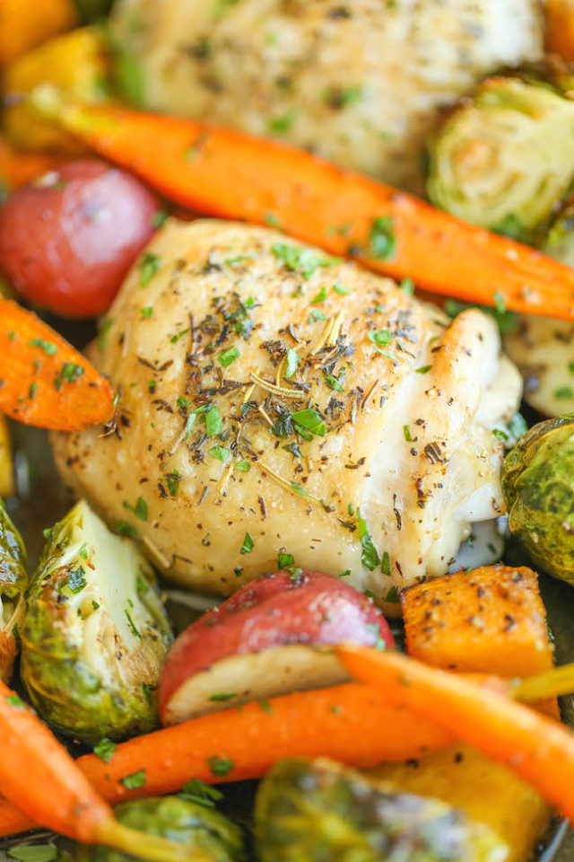 One Pan Roasted Chicken with Fall Vegetables - Damn Delicious