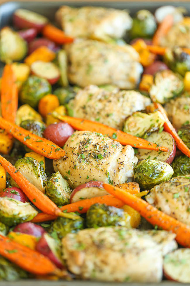 One Pan Roasted Chicken with Fall Vegetables - This meal just couldn't get any easier with crisp-tender chicken and veggies packed with so much flavor!
