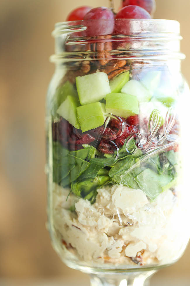 Chicken, Apple and Pecan Salad in a Jar - Easy, portable salads that can be made ahead for the week - they stay fresh so you never have a soggy salad again!