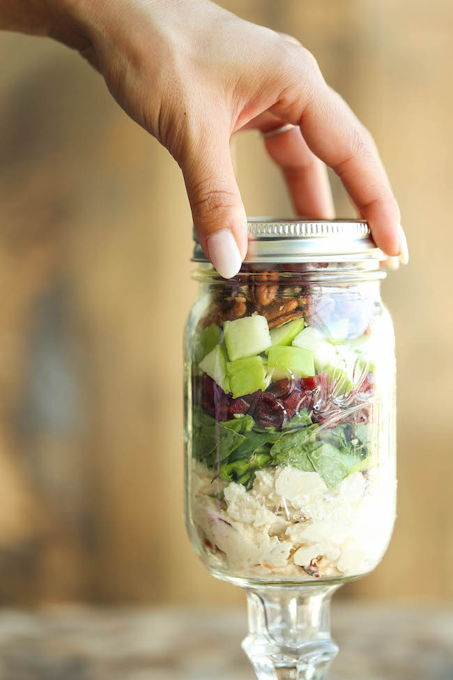 Chicken, Apple and Pecan Salad in a Jar - Easy, portable salads that can be made ahead for the week - they stay fresh so you never have a soggy salad again!