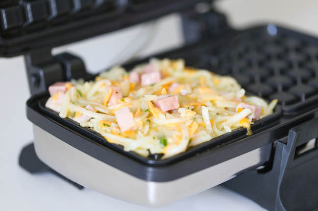 Ham and Cheese Hashbrown Waffles - Crunchy, yet silky smooth hashbrowns made right in the waffle iron. So quick, so easy, and just so darn good!