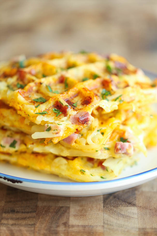 Ham and Cheese Hashbrown Waffles - Crunchy, yet silky smooth hashbrowns made right in the waffle iron. So quick, so easy, and just so darn good!