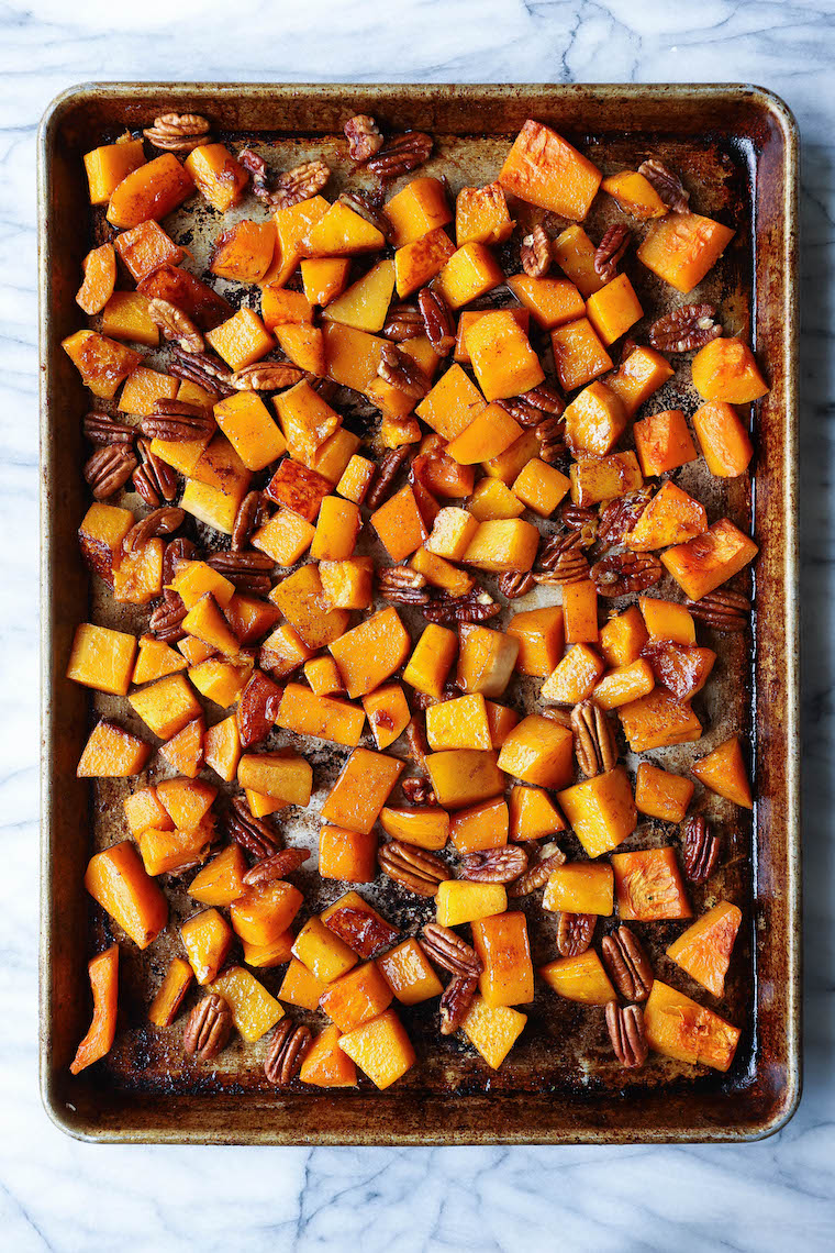 Cinnamon Pecan Roasted Butternut Squash - Perfectly roasted with maple syrup, brown sugar, cinnamon, nutmeg, rosemary. So easy and so so good.