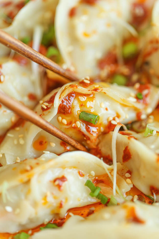 Spicy Chicken Potstickers - Make-ahead, freezer-friendly dumplings made completely from scratch with an optional hot chili oil sauce for a kick of heat!